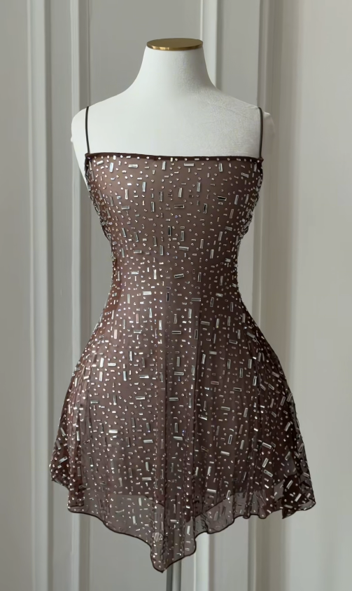 Cute Brown Birthday Dress Sheath Chiffon Beaded Homecoming Dress ED10125