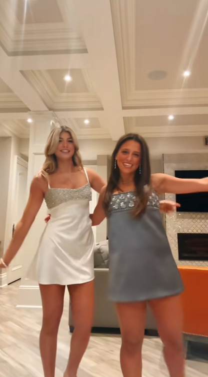 Cute White Birthday Dress Sheath Satin Beaded Homecoming Dress ED10130