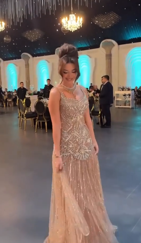 Elegant Champagne Sheath Tulle Beaded Evening Dress ED10143