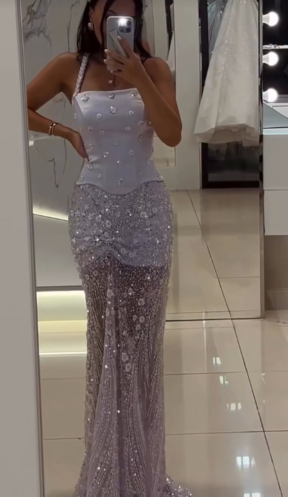 Elegant Lilac Sheath Tulle Beaded Evening Dress ED10144