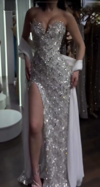Elegant White Sheath Satin Beaded Evening Dress ED10147