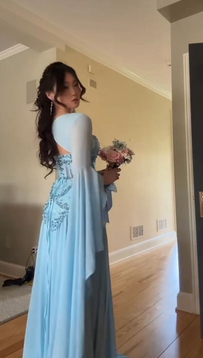 Elegant Blue Sheath Chiffon Evening Dress ED10151