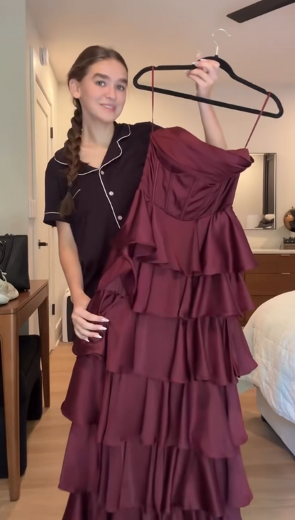 Elegant Burgundy Sheath Satin Evening Dress ED10152