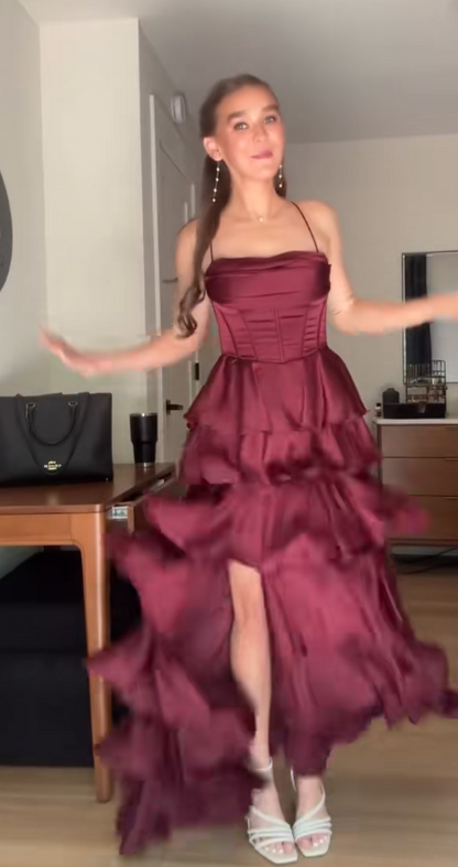 Elegant Burgundy Sheath Satin Evening Dress ED10152