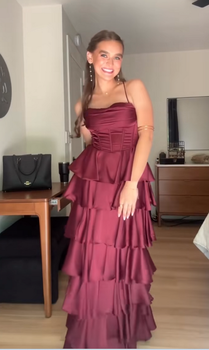 Elegant Burgundy Sheath Satin Evening Dress ED10152