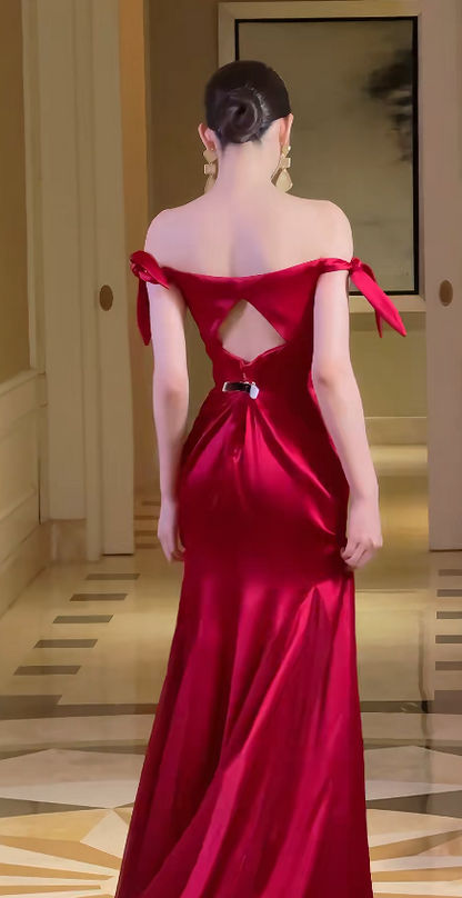 Elegant Burgundy Sheath Satin Prom Dress ED10166