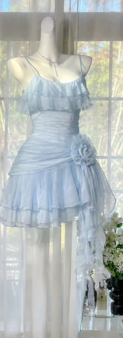 Kurzes halbformelles Chiffon-Ballkleid in Hellblau A-Linie ED10180