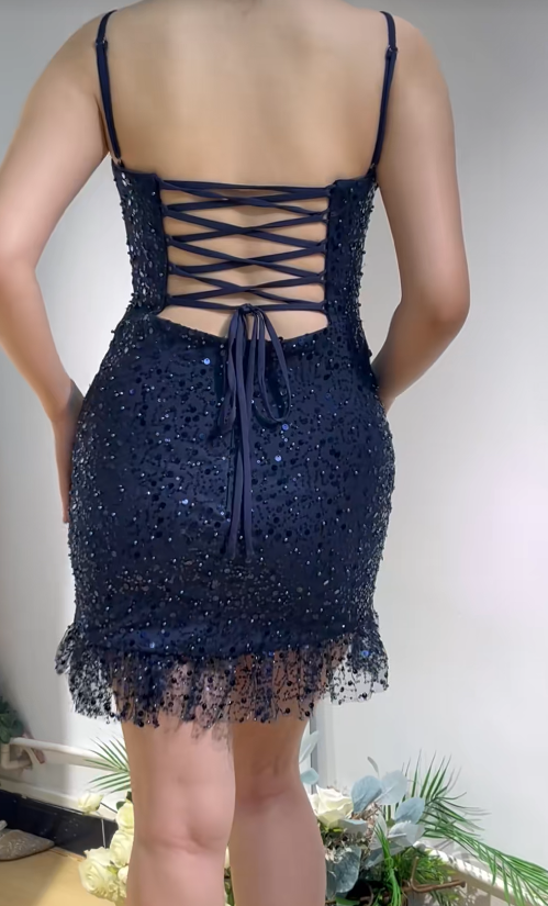 Fashion Navy Blue Short Homecoming Dress Sequins Sheath Semi-Formal Dress ED10181