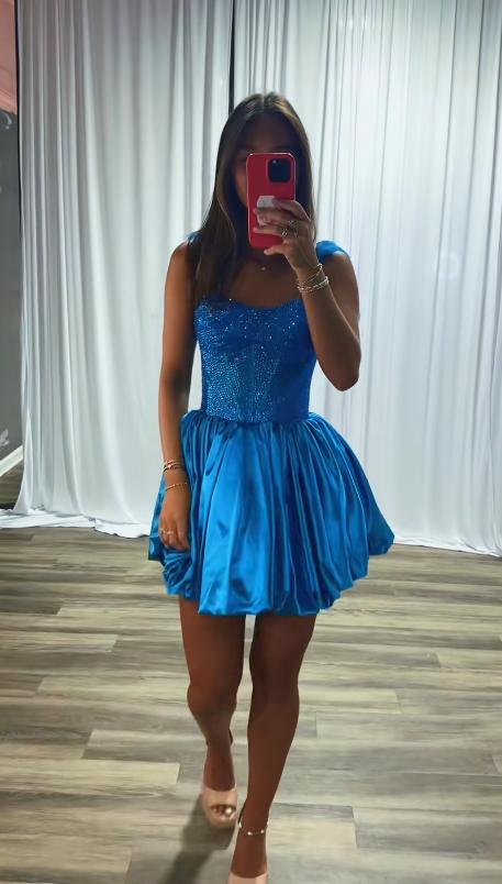 Fashion Blue Short Homecoming Dress Satin A-Line Semi-Formal Dress ED10182