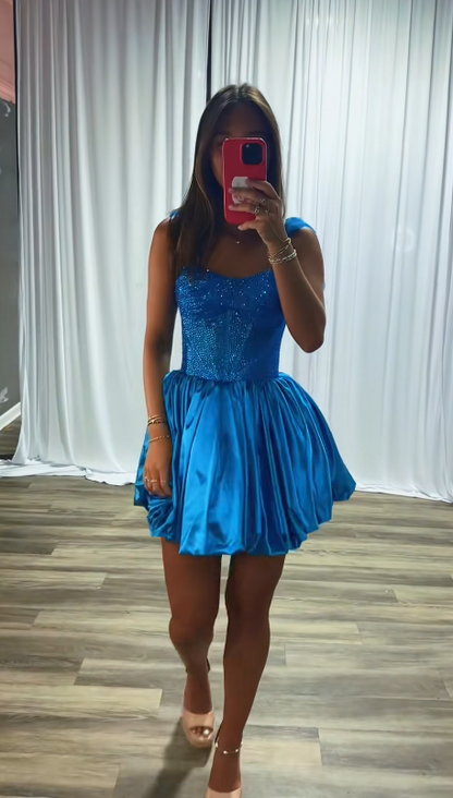 Fashion Blue Short Homecoming Dress Satin A-Line Semi-Formal Dress ED10182