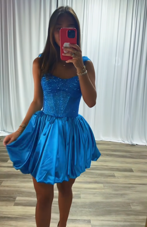Fashion Blue Short Homecoming Dress Satin A-Line Semi-Formal Dress ED10182