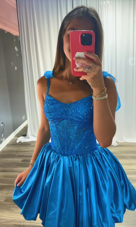 Fashion Blue Short Homecoming Dress Satin A-Line Semi-Formal Dress ED10182