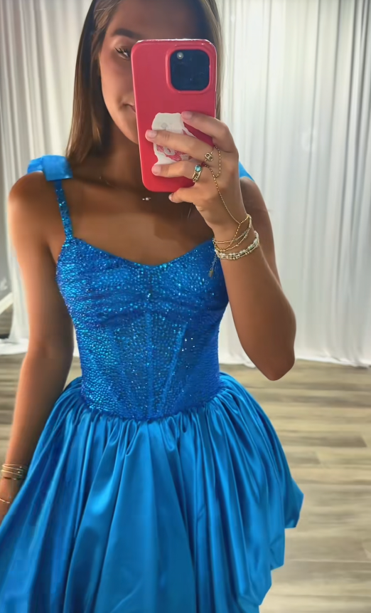 Fashion Blue Short Homecoming Dress Satin A-Line Semi-Formal Dress ED10182