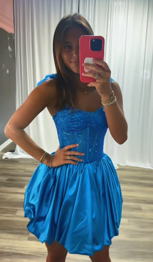 Fashion Blue Short Homecoming Dress Satin A-Line Semi-Formal Dress ED10182