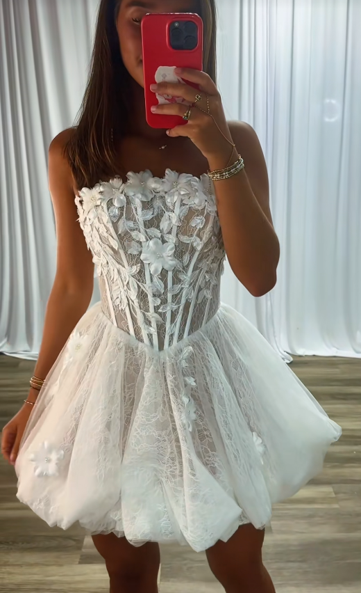 Fashion Weißes kurzes Homecoming-Kleid aus Tüll, A-Linie, Semi-Formelles Kleid ED10186