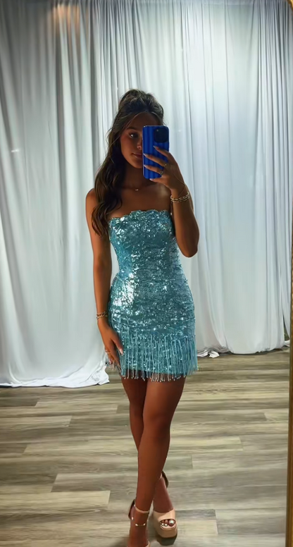 Cute Blue Short Homecoming Dress Sheath Sequins Semi-Formal Dress ED10189