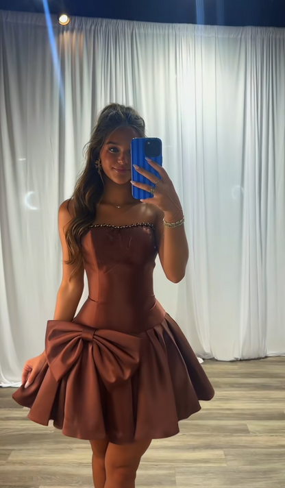 Cute Brown Short Homecoming Dress A-Line Satin Semi-Formal Dress ED10191