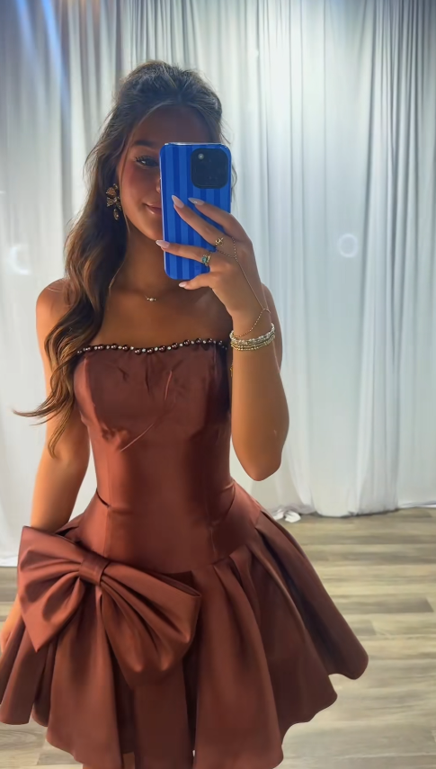 Cute Brown Short Homecoming Dress A-Line Satin Semi-Formal Dress ED10191