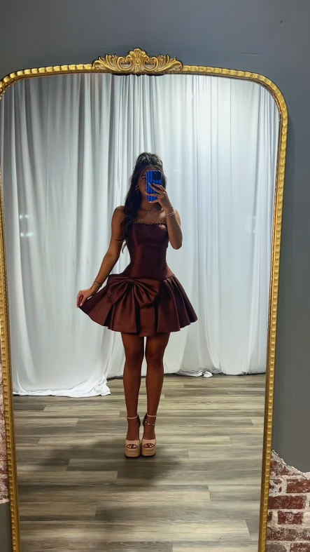 Cute Brown Short Homecoming Dress A-Line Satin Semi-Formal Dress ED10191