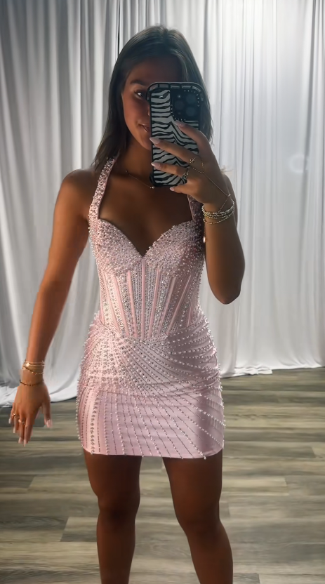 Cute Pink Short Homecoming Dress Sheath Satin Semi-Formal Dress ED10192