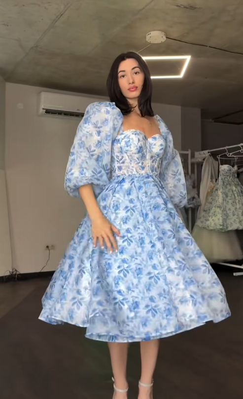 Robe de bal chic bleue trapèze en mousseline florale robe de soirée ED10197