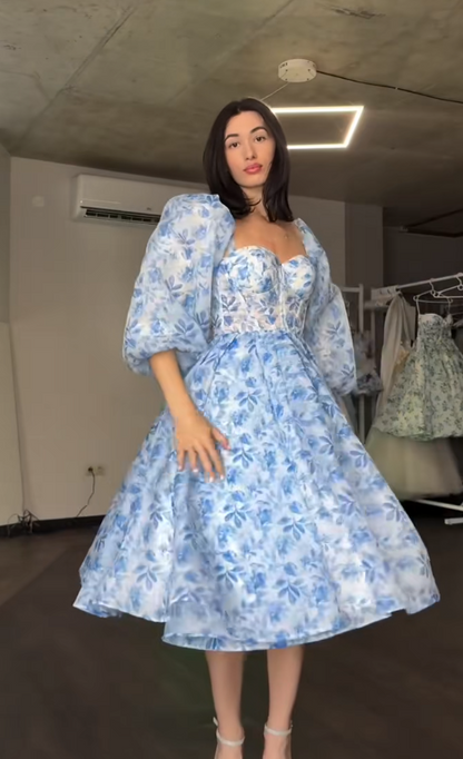 Robe de bal chic bleue trapèze en mousseline florale robe de soirée ED10197