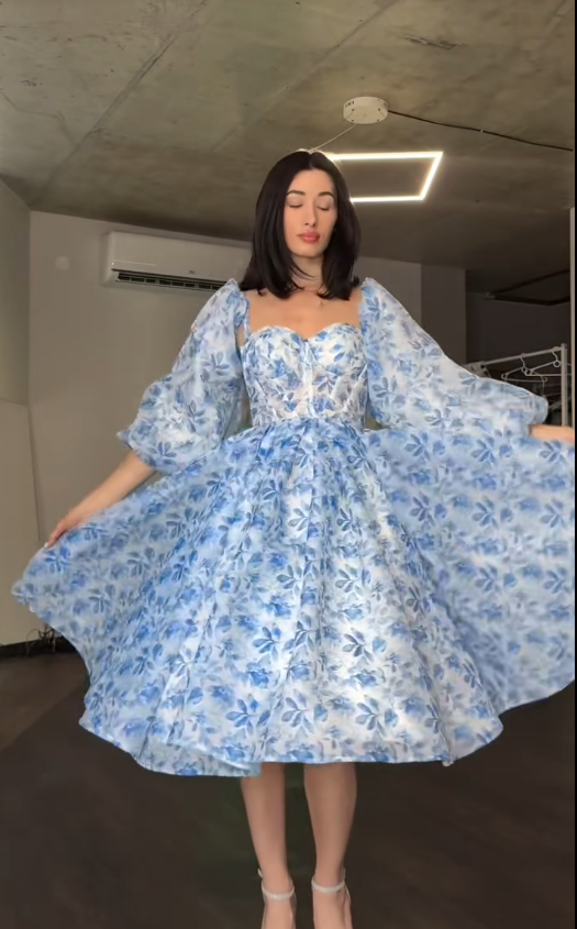 Robe de bal chic bleue trapèze en mousseline florale robe de soirée ED10197