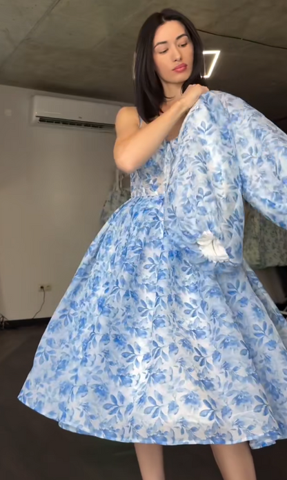 Robe de bal chic bleue trapèze en mousseline florale robe de soirée ED10197