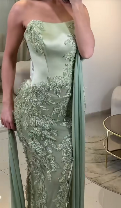 Schickes grünes Ballkleid Etui Satin Perlen Abendkleid ED10202