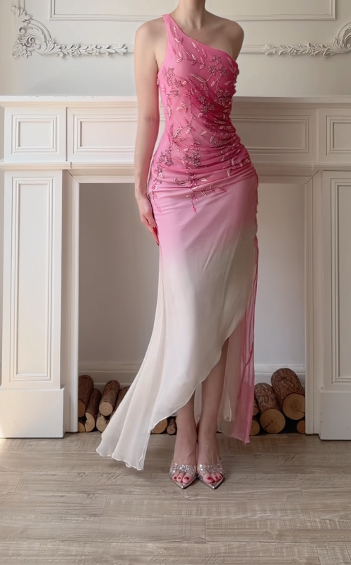 Elegantes rosafarbenes Ballkleid Chiffon Perlen Etui Abendkleid ED10212