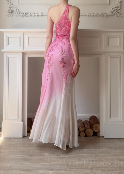 Elegantes rosafarbenes Ballkleid Chiffon Perlen Etui Abendkleid ED10212
