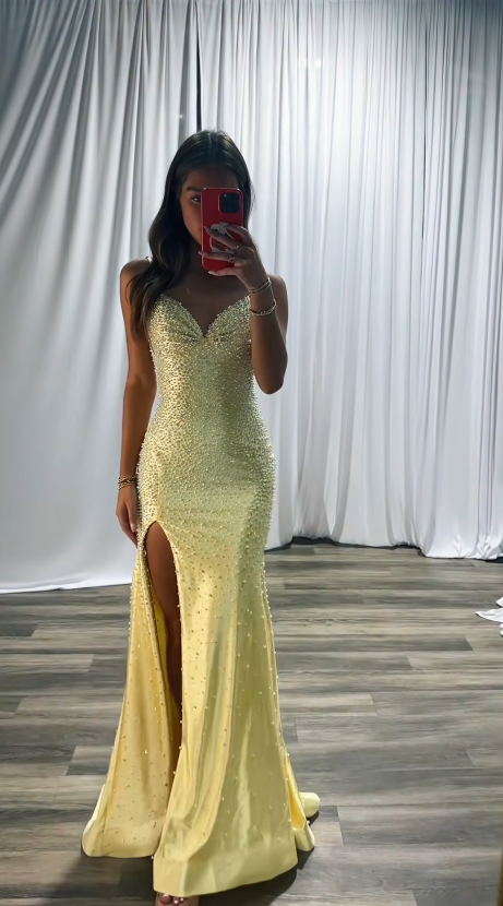 Chic Yellow Prom Dress Sheath Satin Formal Dress ED10217