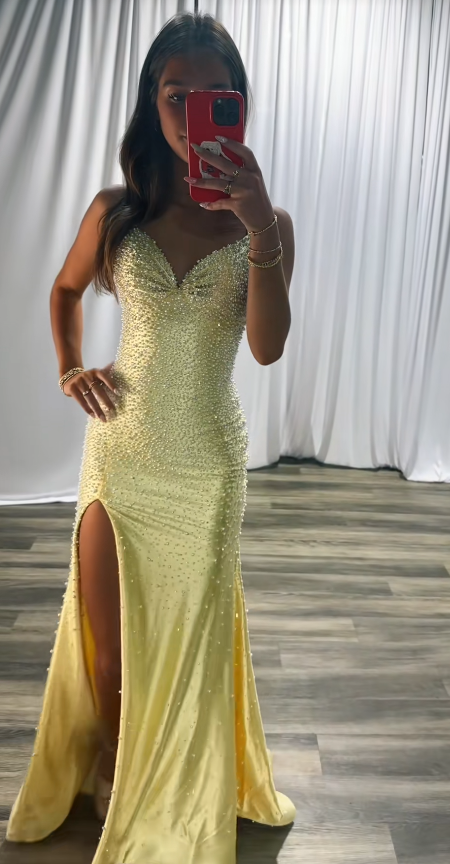 Chic Yellow Prom Dress Sheath Satin Formal Dress ED10217