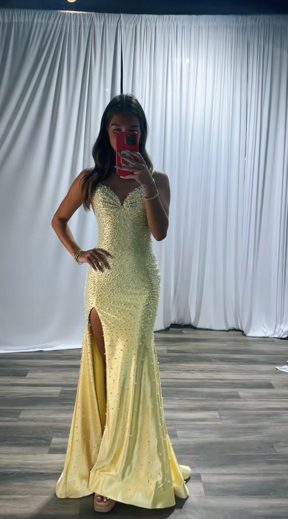 Chic Yellow Prom Dress Sheath Satin Formal Dress ED10217