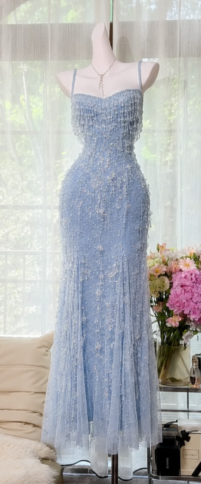 Chic Blue Prom Dress Sheath Chiffon Beaded Formal Dress ED10218