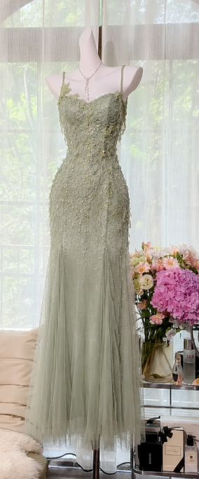Chic Green Prom Dress Sheath Chiffon Beaded Formal Dress ED10219