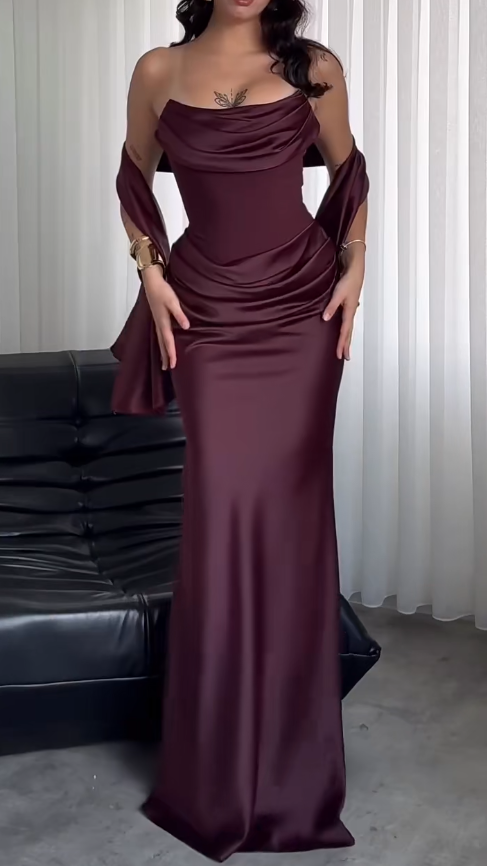 Dark Red Sheath Long Prom Dress Satin Evening Dress ED10223