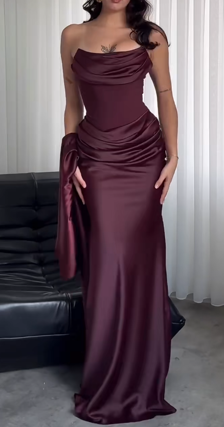 Dark Red Sheath Long Prom Dress Satin Evening Dress ED10223