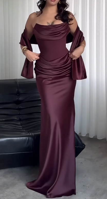 Dark Red Sheath Long Prom Dress Satin Evening Dress ED10223