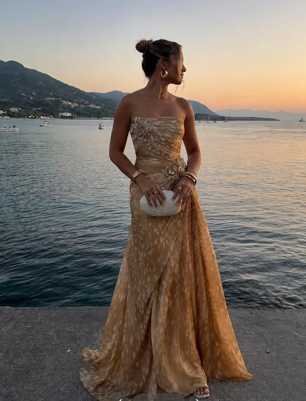 Gold Sheath Long Prom Dress Chiffon Evening Dress ED10229