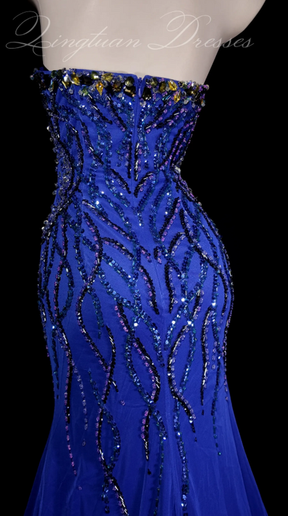 Blue Sheath Long Prom Dress Chiffon Beaded Evening Dress ED10234