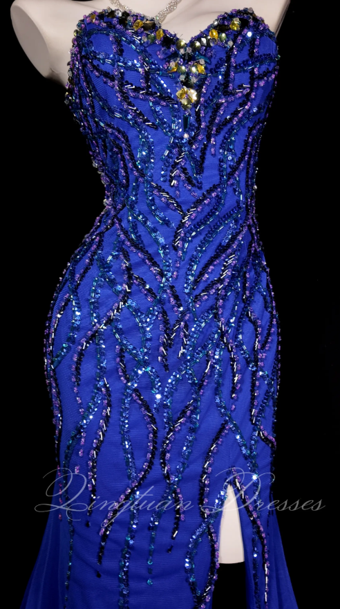 Blue Sheath Long Prom Dress Chiffon Beaded Evening Dress ED10234
