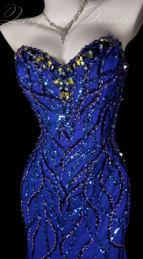 Blue Sheath Long Prom Dress Chiffon Beaded Evening Dress ED10234