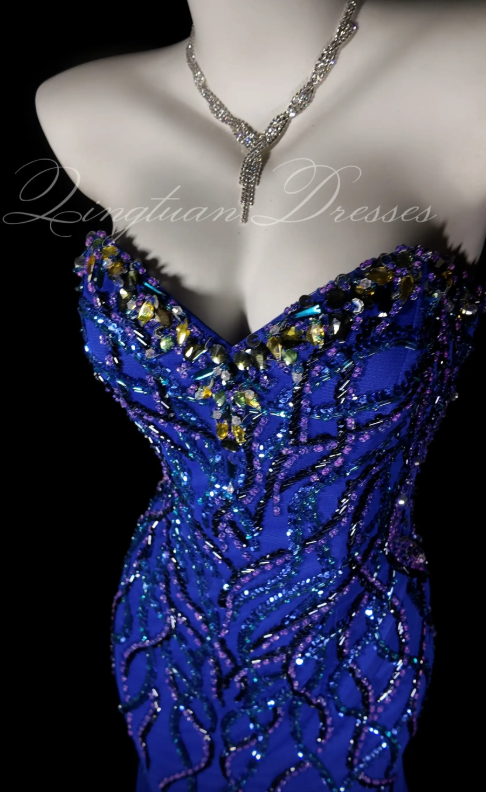 Blue Sheath Long Prom Dress Chiffon Beaded Evening Dress ED10234