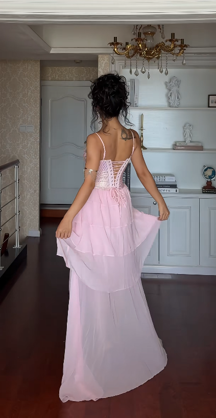 Pink Sheath Long Prom Dress Chiffon Evening Dress ED10240