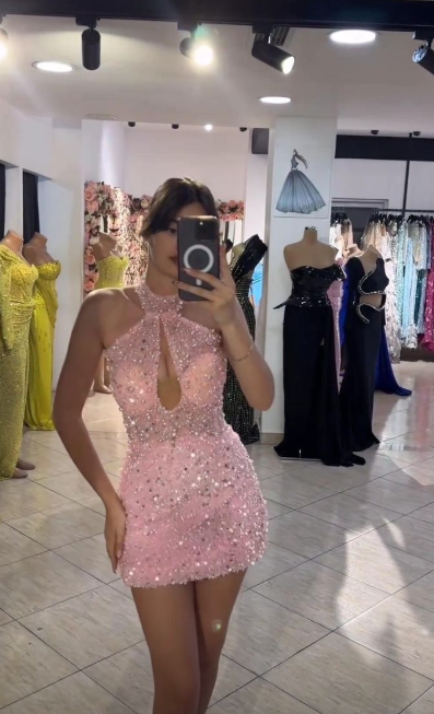Pink Sheath Beaded Chiffon Birthday Dress ED10246