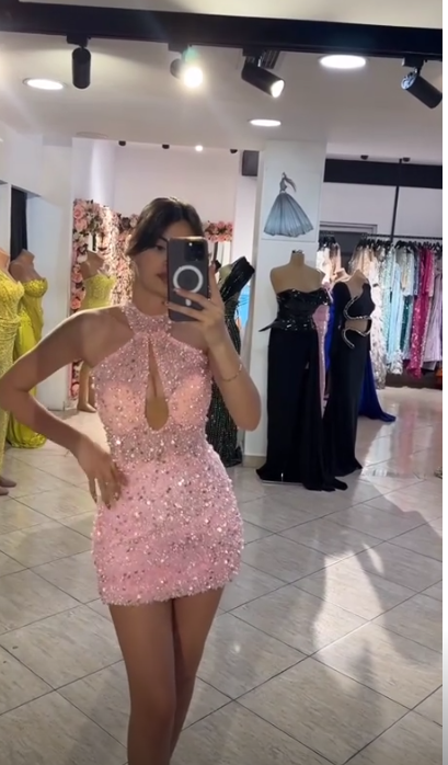 Pink Sheath Beaded Chiffon Birthday Dress ED10246
