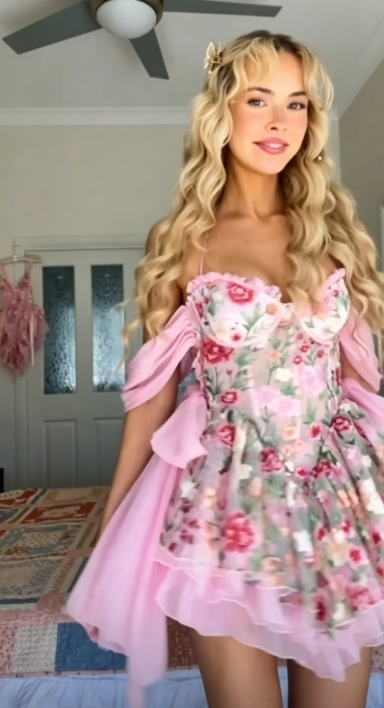 Süßes rosafarbenes A-Linien-Chiffon-Kurz-Heimkehrkleid mit Blumenmuster ED10261
