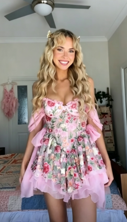 Süßes rosafarbenes A-Linien-Chiffon-Kurz-Heimkehrkleid mit Blumenmuster ED10261