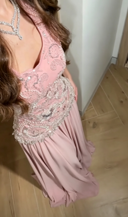 Elegantes, figurbetontes langes Abschlussballkleid aus goldfarbenem Chiffon ED10292